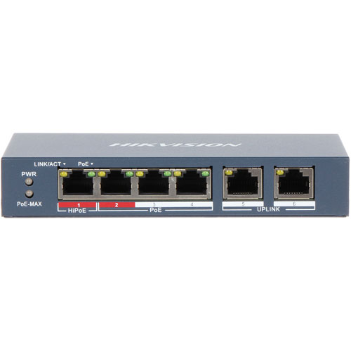 Switch PoE+, 8 Puertos Gigabit 802.3 af/at (30W), 1 Puerto Gigabit Uplink,  1 Puertos SFP, Marca Hikvision